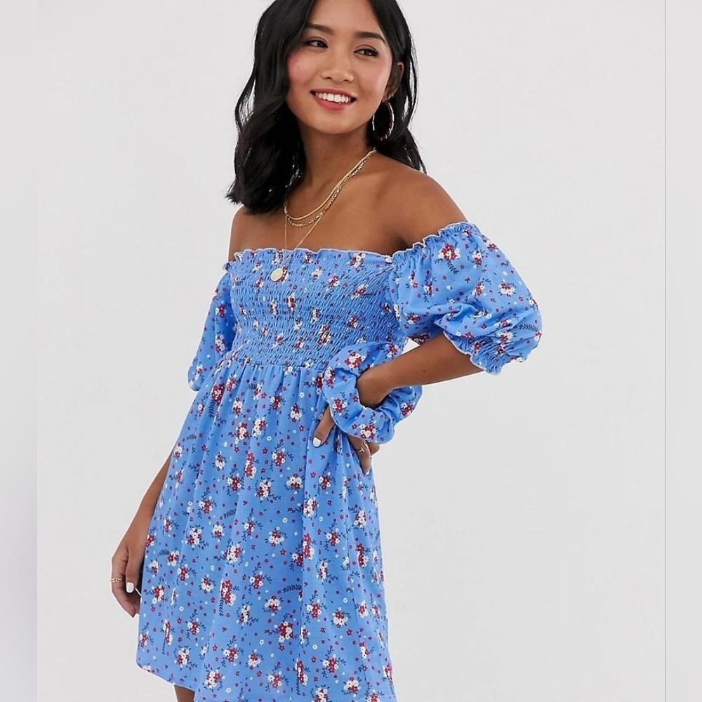 NWOT ASOS Ditsy Floral Bardot Midi Dress Size 6 Matching Scrunchie